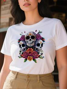 220g pure cotton women's casual T shirts thick and comfortable Dia de los Muertos colorful sugar skulls roses graphic tee - Blanco - Ver 1