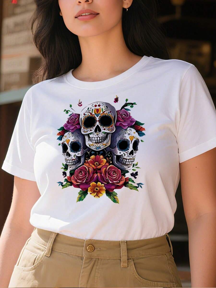 220g pure cotton women's casual T shirts thick and comfortable Dia de los Muertos colorful sugar skulls roses graphic tee - Blanco - Ver 1