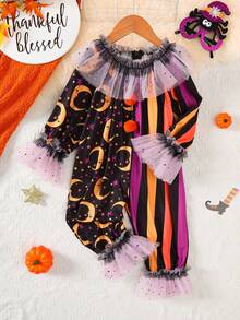 1pc Infant/Toddler Girls' Casual Fashion Colorful Striped Patchwork Star Moon Print Romper, Purple Mesh Ruffle Trim, Orange Pom Pom Decor, Half-Zip Front, Princess Daily Outfits, Halloween New Arrival 2025