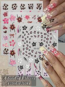 3/6 Sheets Leopard Print Hibiscus Flower Nail Art Stickers, Tropical Floral Animal Print Nail Decals, Self-Adhesive Exotic Summer Hawaiian Nail Stickers For Beach Vacation Party DIY Manicure Decoration