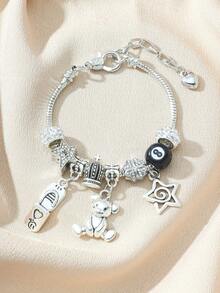 1件银色可爱吊坠手链，女士泰迪熊皇冠星星8毫米球珠饰品礼品 - 泰迪熊星星 - 查看 3