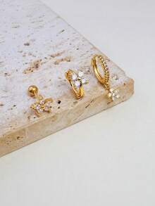 Juego de 3 piezas de pendientes de aro colgante con flor de CZ pequeña, chapado en oro de 14K hipoalergénico para trago, hélix, cartílago y perforación, joyería de regalo para mujeres y niñas