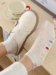 5双装女士波点网眼短袜，时尚可爱卡通图案，透气吸湿休闲运动袜，春夏款