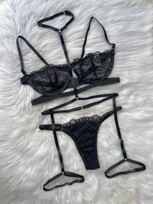 Sexy Lingerie 3-Piece Set Half Cup Bra With Gringa Underwire + Adjustable Panties + Garter Belt - 黑色 - 查看 4