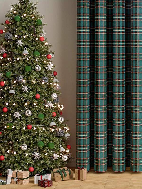 1pc Perforated Christmas Retro American Style Blackout Curtain, Green Plaid Pattern, Suitable For Living Room And Bedroom, New Year