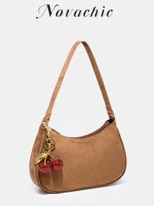 1pc Soft Suede Short Plush Autumn/Winter Decorative Cherry Pendant, Women Simple Shoulder Bag With Zipper Closure, Vintage Style Underarm Bag, Suitable For Various Occasions - Mocha Brown - View 2