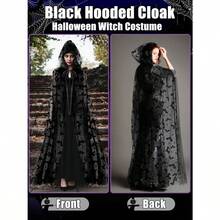 Halloween Costume Black Hooded Cape Tulle Cloak Medieval Hooded Cloak Vampire Robe With Hood For Women Cosplaygift - Black - View 4