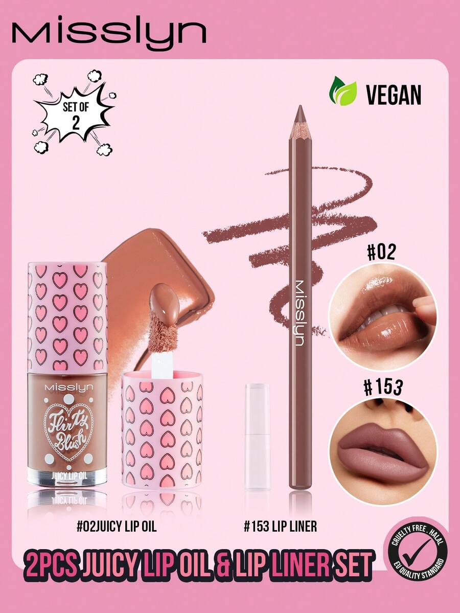 Misslyn MISSLYN-2PCS Juicy Lip Oil & Lip Liner Set, Flirty Beauty Plumping Lip OIL, VEGAN,Lip Oil, Lip Glaze Lip, Lip Glaze Lovely, Lip Glaze Moisturizing, STAY AND SHAPE LIP LINER, Lip Makeup,Long-Lasting,Wooden Pencil,Precision Tip ,Full Lip Look,Plump Lips,3D Makeup Effect,Smooth & Pigmented