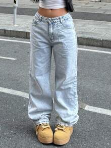 PETITE Women's Casual Water-Washed Wide Leg Denim Jeans For Daily Wear - 淺色水洗藍 - 查看 8