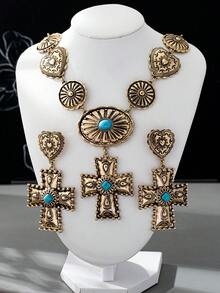 OABE 3pcs/Set Vintage Boho Style Textured Carving Heart/Cross Pendant With Turquoise Inlay Women Jewelry Set Including Necklace And Earrings, Western Charm For Daily Wear - Love Cross Set - View 5