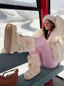 Faux Fur Snow Boots For Women Fuzzy Fluffy Furry Lace Up Mid Calf Boots Winter Warm Fur Boots For Christmas - 杏色 - 查看 4