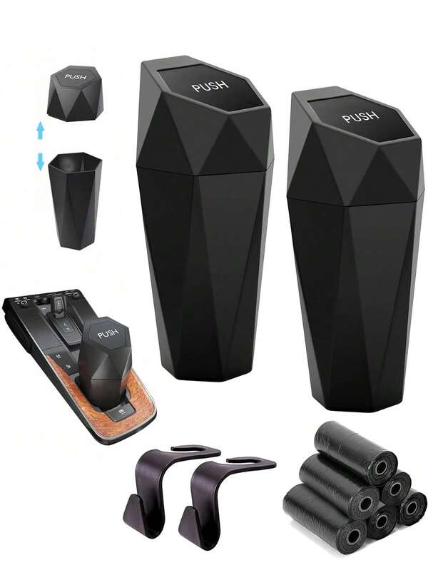 Lixeira para Carro com Porta-Copos, 1 Pacote Lixeira Pequena com Tampa, Acessórios para Carro para Interior, Lixeira Pequena à Prova de Vazamentos para Casa com 2 Ganchos Adicionais de ABS e 90 Sacos de Lixo Pretos