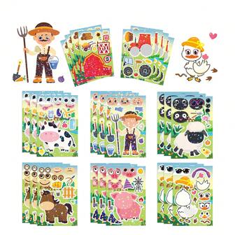 8/24 Sheets Children's DIY Face-Changing Sticker Set Farm Face-Changing Stickers Farm Stickers Fun Farm-Themed Activity Suitable For Children's Puzzles Educational Learning Stickers Birthday Gifts Christmas, New Year, Valentine's Day, Easter, Back-To-School Season Office Supplies, School Supplies Children's Sticker Set