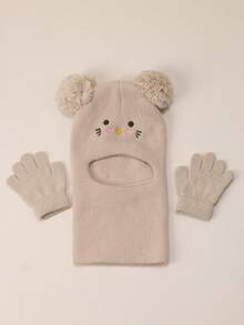 1 Set Balaclava+Gloves 1-5Y Cat Pom-Pom Black Balaclava Toddler Beanie Double Balls Baby Girls Boys Beanies Kids Winter Hats Children Knit Warm