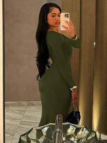 女式时尚优雅褶饰圆领长袖紧身连衣裙 - 橄欖綠 - 查看 2