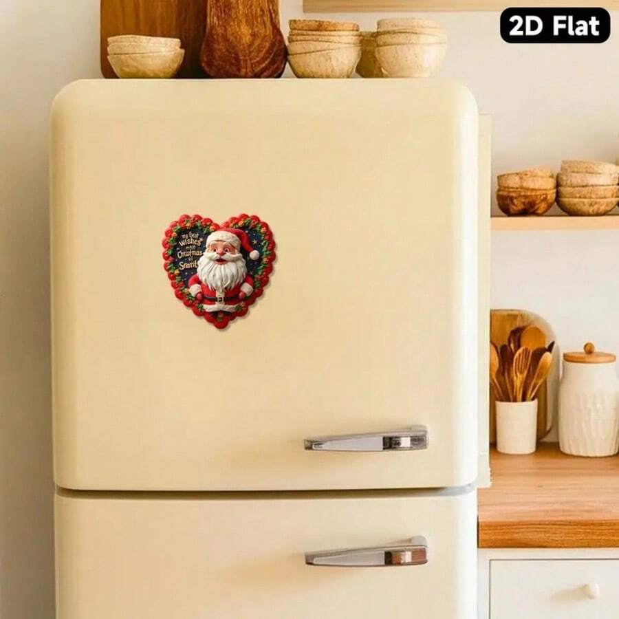 1pc Jolly Santa Claus Magnet With Wreath & Stars - 3.15" Acrylic Rubber Soft Magnetic Center Decor, 2D Fat Red & Gold Holiday Decoration For Fridge, Christmas Tree, Gifts - Warm Smiling Joyful Santa, 2D Flat Decor