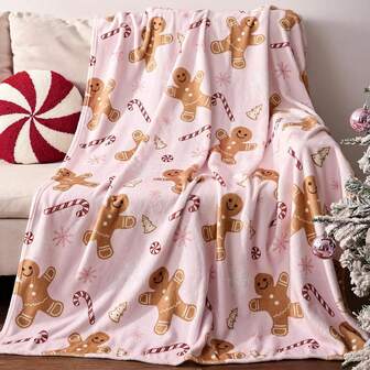 Christmas Gingerbread Throw Blanket: Ultra Soft Pink Flannel Plush Gingerbread Man Bed Blanket, Lightweight Cozy Christmas Blanket For Couch Sofa Bed Living Room Home Decor Gifts