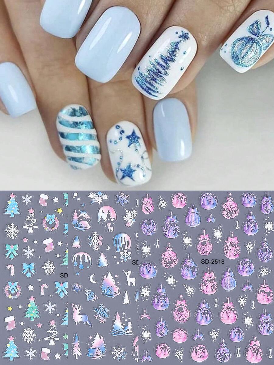 3 pezzi Adesivi per unghie natalizi 5D a gradiente, con fiocchi di neve, alberi di Natale, alci, palline di cristallo, luci colorate e neve, design carino ed elegante in stile Y2K per Natale e Capodanno, decorazioni per unghie autoadesive, gel polish, decalcomanie