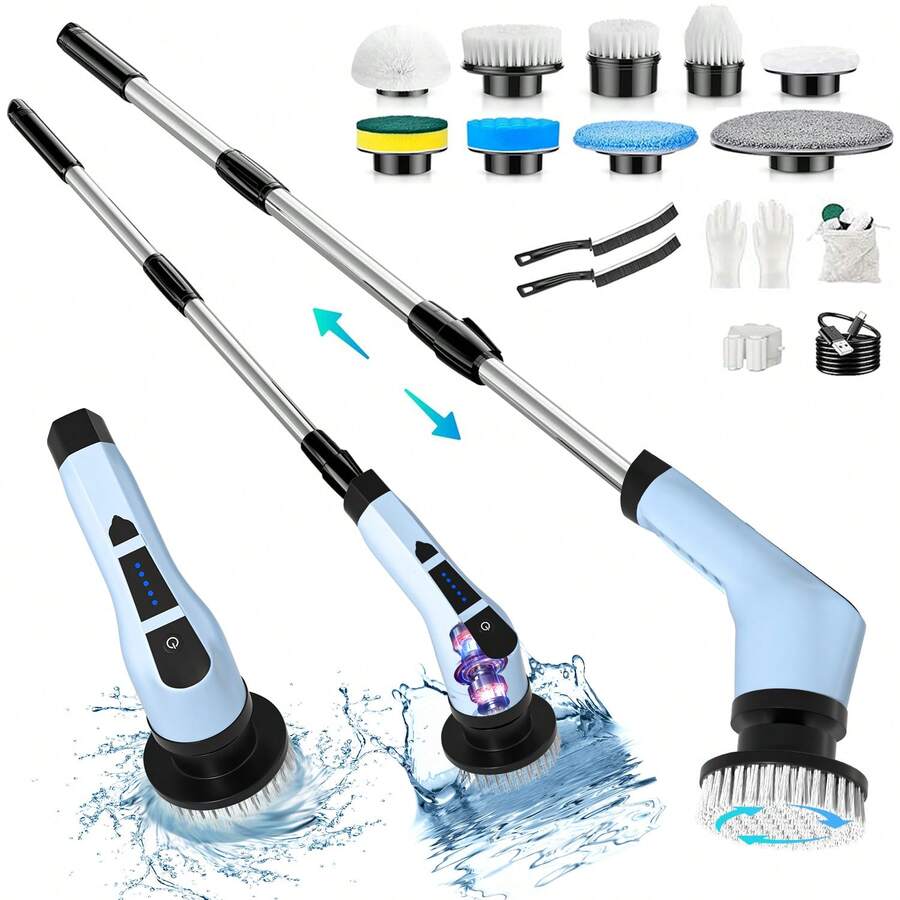 Electric Spin Scrubber, Cordless Cleaning Brush With 9 Replaceable Brush Heads, Tub And Floor Tile 360 Power Scrubber Dual Speed With Adjustable & Detachable Handle For Bathroom Kitchen Car - 藍色 - 查看 1