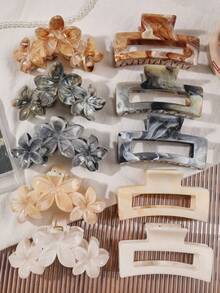 10 件春夏大理石图案卡其色波西米亚雏菊花组合方形发夹，优雅适合海滩、度假、侧马尾、派对冬季发饰时尚发夹优雅爪夹 - 彩色 - 查看 2