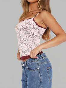 Women Y2k Lace Floral Camisole Patchwork Spaghetti Strap Crop Tank Tops Sleeveless Backless Tank Tops Open Back Going Out Tops Slim Fitted Shirt Basic Tees Club Streetwear Aesthetic Clothes - Hồng - Xem 5