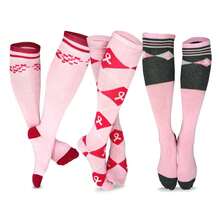 Breast Cancer Awareness Knee High Socks Women 3-Pack - Pink Ribbon Argyle Cotton- Support Cause - Comfy Everyday Wear - كما في الصورة 715 - مشاهدة 1