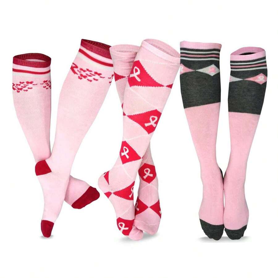 Breast Cancer Awareness Knee High Socks Women 3-Pack - Pink Ribbon Argyle Cotton- Support Cause - Comfy Everyday Wear - كما في الصورة 715 - مشاهدة 1