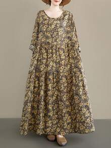 AZAH Tops, Yellow Flower Long Dress, 2025 Round-Neck Long-Sleeved Pleated Skirt, Autumn Long Dress, Loose Dress For Middle-Aged And Elderly Mothers, Bohemian Casual Vacation Long Dress, One Dress, Random Print, Pocket Dress