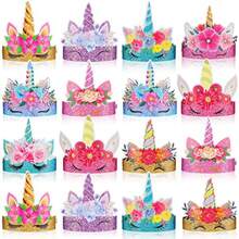 36 Pack Glitter Unicorn Birthday Party Hats With Colorful Horns And Flowers Paper Crown Headbands For Girls' Unicorn Theme Decorations 9 Styles - As Pic - View 1