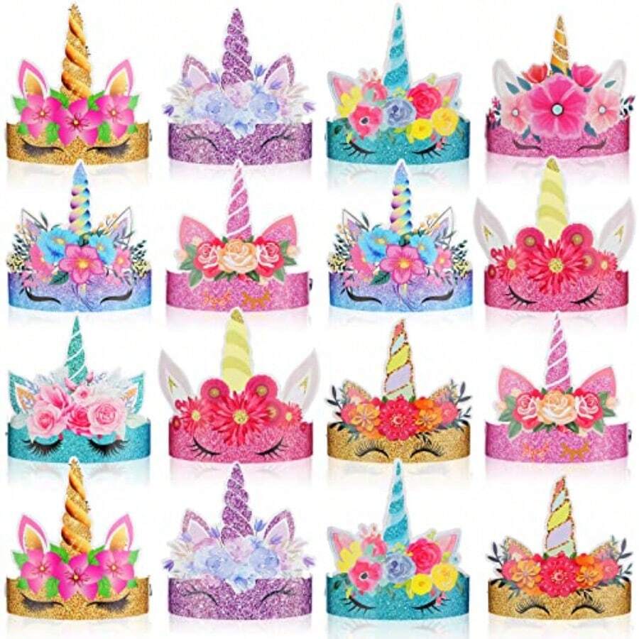 36 Pack Glitter Unicorn Birthday Party Hats With Colorful Horns And Flowers Paper Crown Headbands For Girls' Unicorn Theme Decorations 9 Styles - As Pic - View 1