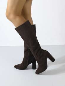 Timesize Fall/Winter Brown Chunky Heel Thigh High Boots, Over-The-Knee Cowboy Boots, Platform Boots For Women, Winter Boots - Chocolate Brown - View 3