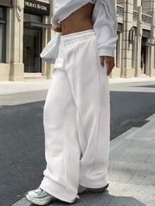 Pantalones de chándal sueltos y casuales de unicolor con cintura elástica - Blanco - Ver 6