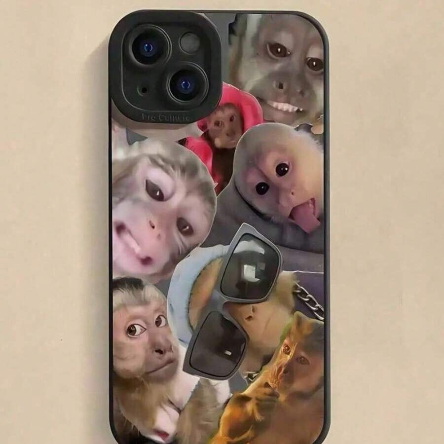 Expression 1pc Creative Monkey Pattern Matte Full Coverage Protective Phone Case, Compatible With 16, 15, 14, 13, 12, 11 Pro Max, Series - Black - View 1