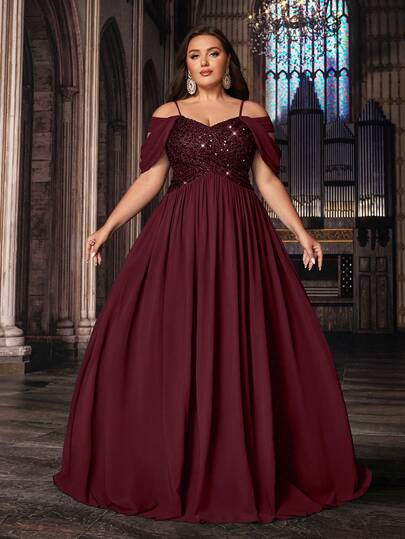 QOQ Plus Size Women's Navy Blue Formal Dress, Elegant Evening Gown Suitable For Galas, Formal Events, Birthday Parties, Sequin Strapless Chiffon Dress Wedding Spring Party