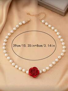 Red Rose Pendant Pearl Necklace For Women, Luxury Vintage Choker Necklace, Exaggerated European And American Fashion Accessory