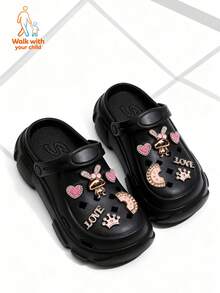 Walk With Your Child 1 Pair Children's Golden Rabbit Pattern Breathable Anti-Slip Sandals, Diamond-Encrusted Heart Accessories, Diamond-Encrusted Love Accessories, Open-Toe Slippers For Boys And Girls, Summer Beach Slides For Toddlers To Older Kids, Golden Rabbit Pattern And Cut Children's Sandals, Anti-Slip And Closed-Toe Children's Clogs, Summer Beach Sandals For Boys And Girls