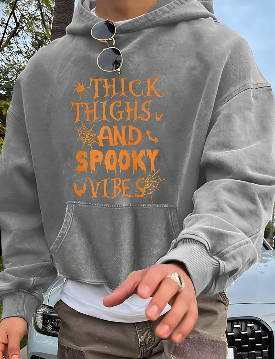 Pumpkin Season Graphic "Nightmare Before Christmas, Horror. American Retro Print Pattern 1Pcs 500g Pure Heavy 100% Cotton CoAHalloween "Thick Thighs And Spooky Vibes" Text & Spider/Spider Web/Bat Print"Nightmare Before Christmas, Horror. American Retro Print Pattern 1Pcs 500g Pure Heavy 100% Cotton Cordless Sweatshirt, Letter Spring/Fall Winter All Loose Washed Popover , Christmas Halloween Thanksgiving Day  New Year, Y2K Street  Hip-Hop Campus Fashion Style, Suitable For Parties And Play  Rdless Sweatshirt,