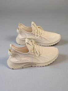 2025 New Style Women's Casual Sports Shoes Solid Color Lace-Up Slip-On Wear-Resistant Eva Insole Women's Tennis Shoes Indoor Exercise Outdoor Hiking Autumn And Winter Women's Shoes - Màu be - Xem 4