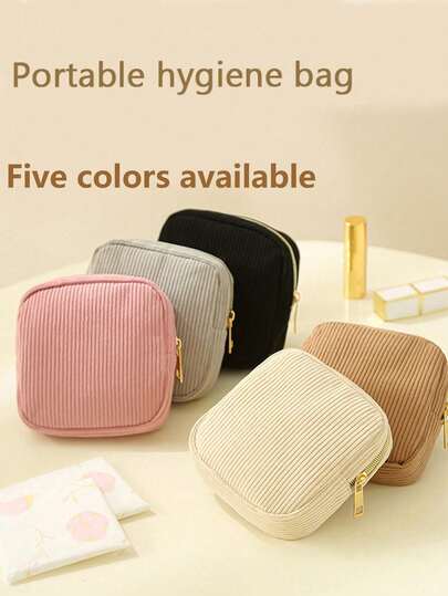 Bolsa elegante de almacenamiento de toallas sanitarias de pana - Portátil y duradera, con cierre de cremallera, disponible en rosa, gris, negro y beige, ideal para viajes y uso diario. Esencial para viajar | Cierre de cremallera elegante | Tela duradera, bolsa de almacenamiento de toallas sanitarias, bolsa de almacenamiento de tampones de varios colores, bolsa de almacenamiento de toallas sanitarias rosa