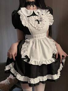 Cute Lolita Maid Costume With Ruffle Hem Flared Ball Gown And Puff Sleeves Round Neck Contrast Lace Design Perfect For Party