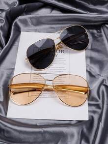 2pcs Large Frame Double Beam Metal Fashion Glasses Toad Glasses Advanced Retro Personalized Versatile Men And Women's Fashion Glasses Suitable For Daily Wear Street Photography Vacation Travel Summer Beach Accessories - 2pcs(黑色+香檳色) - 查看 7