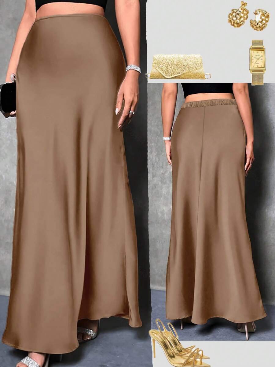 Plus Size Women Elegant Maxi Satin Skirt, Solid Color - Camel - View 1