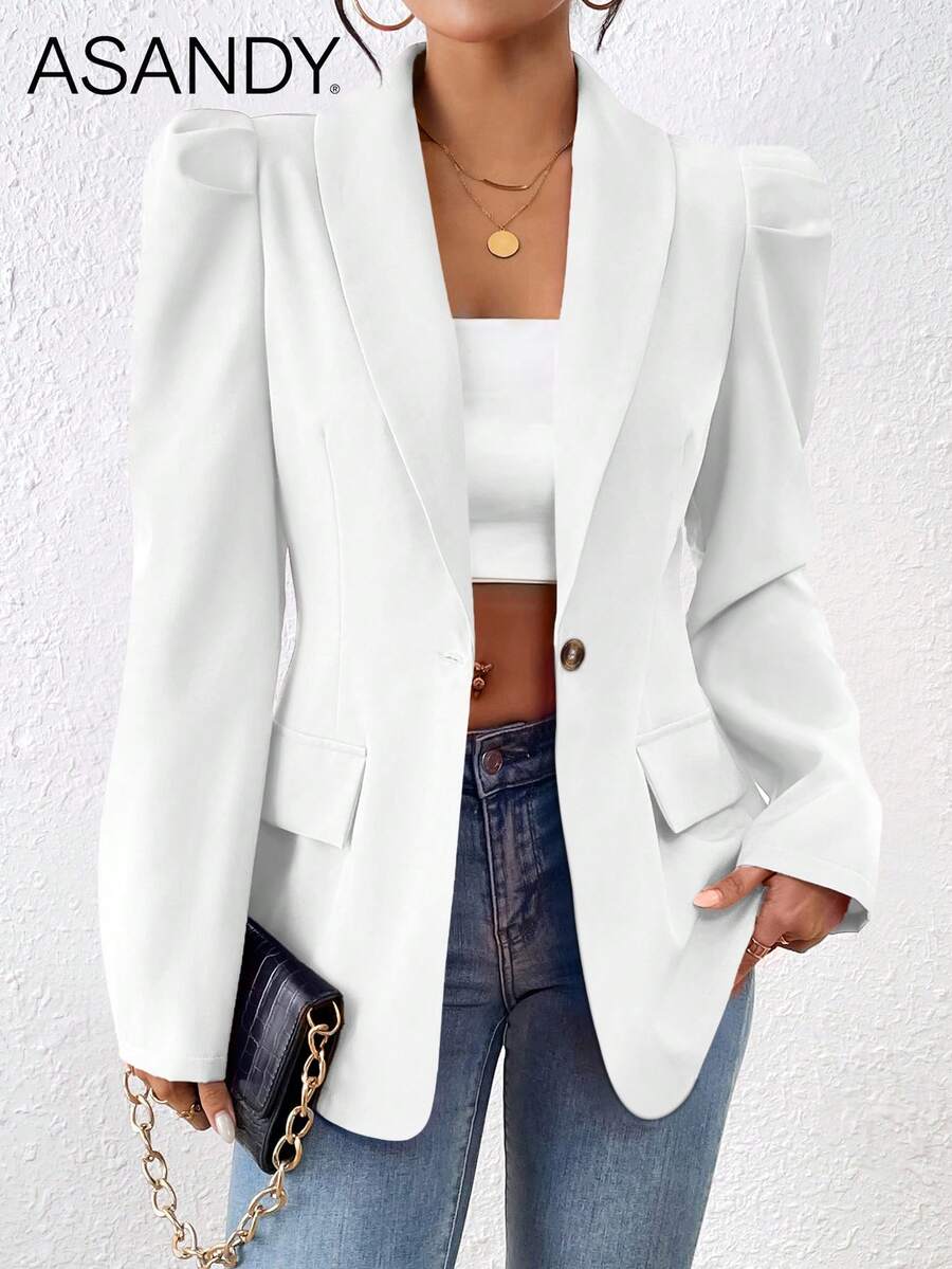 Women's Solid Color Single-Button Elegant Long Sleeve Blazer Spring - White 1 - View 1