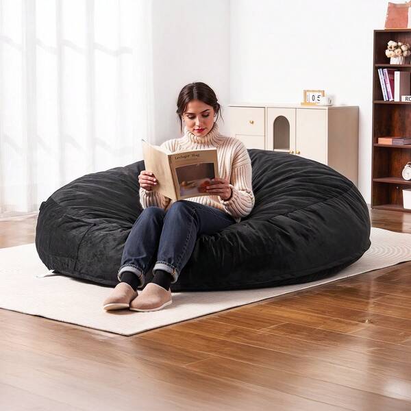 Bean Bag Chair, Giant BeanBag Chair With Removable & Washable Cover For Adult, Dutch Velvet & High-Density Foam Filling Round Bean Bag With Handle And Side Pocket For Living Room Bedroom, Black