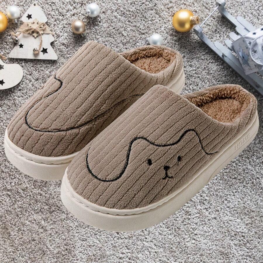 Ins Line-Cat Home Slippers Winter Warm Solid Color Striped Floor Bedroom Slipper Couples Men Women's House Shoes Indoor - 咖啡棕 - 查看 1