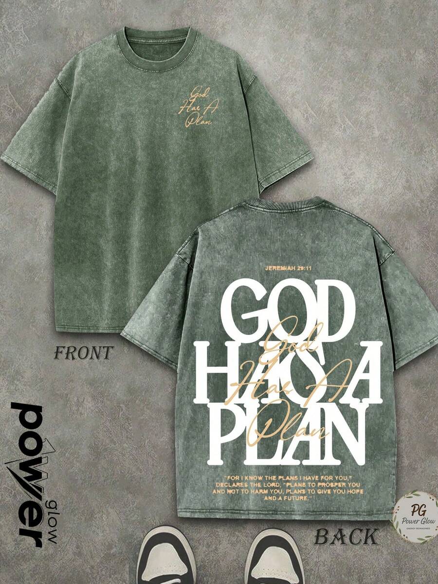 Jesus Tee God Has A Plan Graphic Tee Double-Sided Print Washed T-Shirt Holiday Gifts Y2K Men's Graphic Tees, Street - Style Vintage Washed T - Shirts, 230G Cotton T - Shirts, 100% Pure Cotton, Unisex Graphic Tees  Halloween Back To School  Shirts - 軍綠色 - 查看 1
