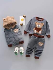 3pcs Kids Winter Warm Cartoon Embroidered Hooded Zipper 3 Pieces Set - Dark Grey - View 1