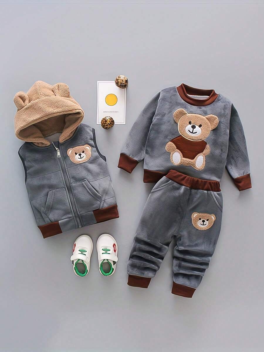 3pcs Kids Winter Warm Cartoon Embroidered Hooded Zipper 3 Pieces Set - Dark Grey - View 1