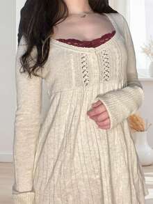 Women's Y2k Long Sleeve Knitted Tops Solid Color Button Front Scoop Neck Flared Hem Blouse Sweaters Spring Fall Casual Streetwear Fairy Aesthetic Clothes - 白色 - 查看 2