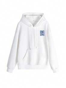 女士冬季字母印花长袖抽绳卫衣，带口袋，休闲宽松多功能节日风格上衣，秋季女装，冬季女装时尚，适合日常穿着。 - 白色 - 查看 5